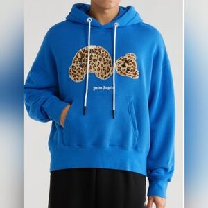 NWT Palm Angels Leopard Bear Hoodie Blue Size M Italy Designer Streetwear